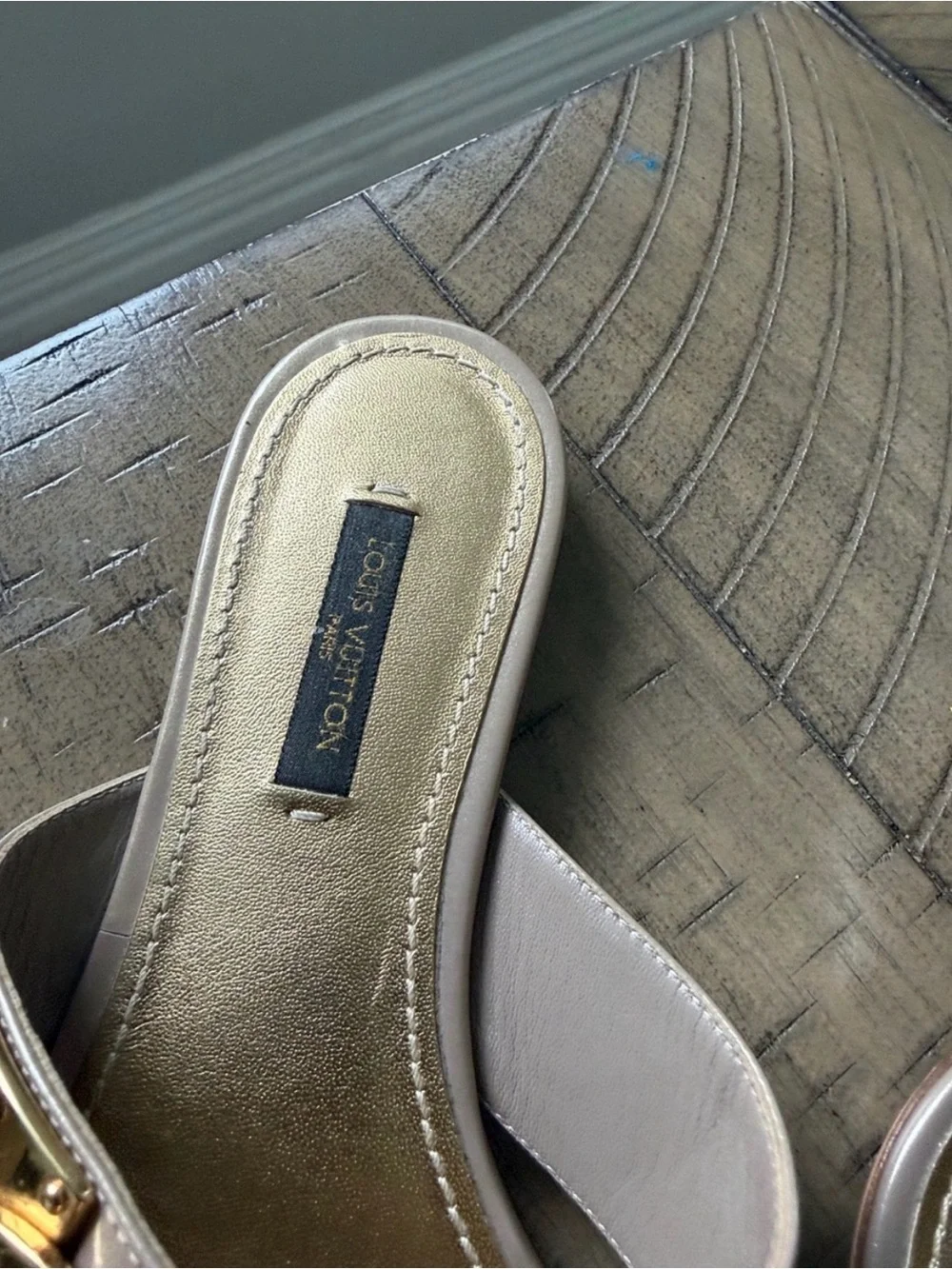 Louis Vuitton Taupe Leather Thong Sandals with Gold Trim